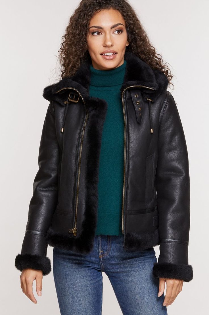 Jane Sheepskin B-3 Bomber Jacket with Detachable Hood | Overland Hooded Outerwear With Faux Fur Trim And Sheepskin, Hooded Outerwear With Faux Fur Trim In Sheepskin, Hooded Sheepskin Outerwear With Faux Fur Trim, Hooded Sheepskin Outerwear With Fleece Lining, Sheepskin Hooded Outerwear With Faux Fur Trim, Fall Sheepskin Outerwear With Detachable Hood, Winter Aviator Sheepskin Leather Jacket, Winter Sheepskin Aviator Leather Jacket, Hooded Shearling Outerwear With Faux Fur Lining