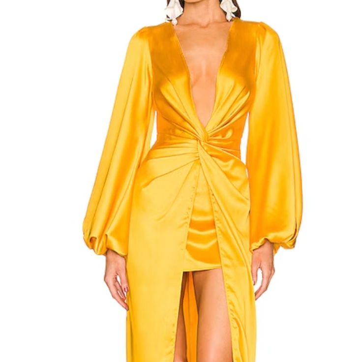 Never Before Worn, Brand New! Elegant Yellow V-neck Midi Dress, Yellow Midi Length Dress For Night Out, Yellow V-neck Dress For Party, Yellow V-neck Party Dress, Yellow V-neck Dress For Night Out, Elegant Yellow V-neck Maxi Dress, Yellow Midi Dress For Night Out, Yellow Long Sleeve Maxi Dress For Party, Chic Yellow Maxi Dress For Formal Occasions