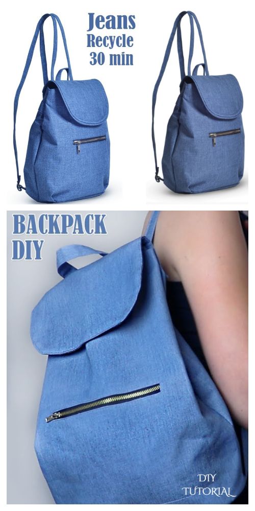 the back pack is made from denim and has zippers on each side to keep it organized