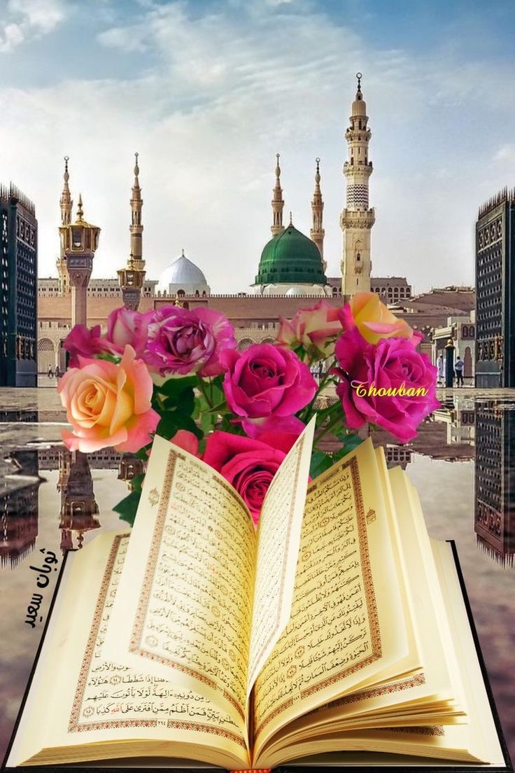 an open book sitting on top of a table with pink flowers in front of it