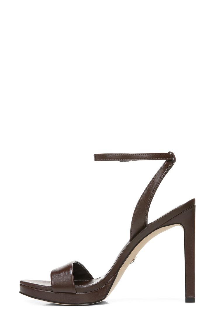 A subtle platform and slender heel elevate a minimalist sandal that's a must-have in your trendsetting wardrobe. 4 3/4" heel; 3/4" platform (size 8.5) Leather upper/synthetic lining and sole Imported Modern Brown Ankle Strap Heels, Sleek Fitted Sandals With Block Heel, Sleek High Heel Sandals With Heel Strap, Sleek Block Heel Sandals, Fitted Platform Sandals, Sleek Heels With Single Toe Strap And Removable Insole, Formal Platform Heels With Single Toe Strap, Sleek Heels With Heel Strap And Medium Width, Formal Heels With Platform And Single Toe Strap