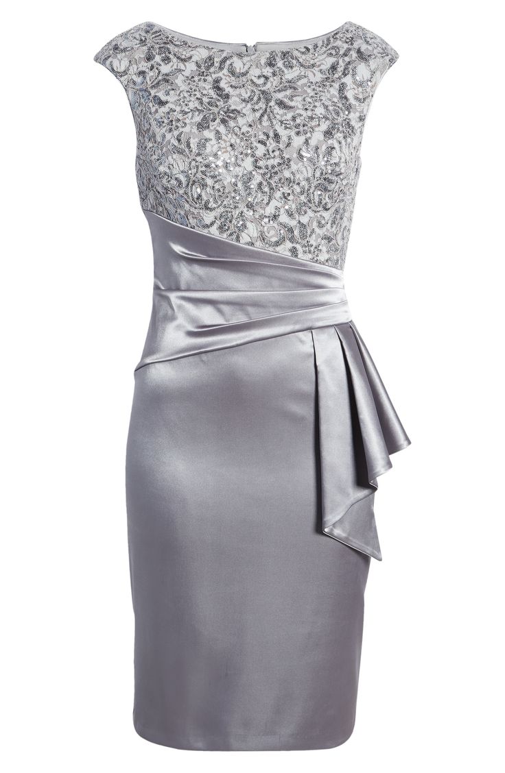 A glittering garden meets sumptuous silvery satin in this chic cocktail dress styled with extended cap sleeves and a cascading ruffle at the waist. 24" shortest length; 25" longest length Jewel neck Cap sleeves Lined 100% polyester Dry clean Imported Cocktail Dress Style, Chic Cocktail Dress, Floral Cocktails, Jewel Neck, Long Length, Vince Camuto, Cap Sleeves, Peplum Dress, Size 16