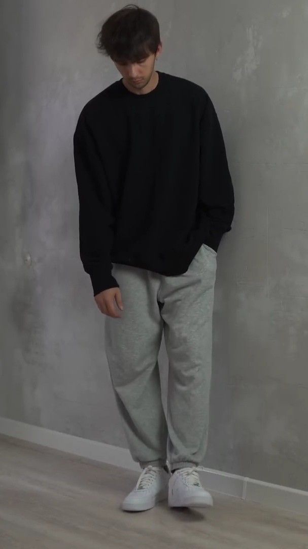 Mens Grey Joggers Outfit, Sweater Sweatpants Outfit Men, Male Outfits Sweatpants, Comfy Casual Men Outfit, Sweatpants And Sweatshirt Outfit Men, Men’s Outfits With Sweatpants, How To Style Grey Sweatpants Men, Sweatshirts And Sweatpants Outfits, Sweats Men Outfit