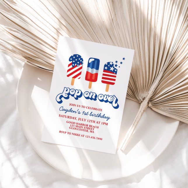 a white plate topped with an american flag popsicle birthday party card next to a fan