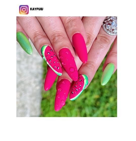 Summer Nails With Fruits, Nails With Fruit, Summer Nails Fruit, Fruits Nails, Nails Watermelon, Watermelon Nail Designs, Sprinkle Nails, Watermelon Nail, Beige Nails Design