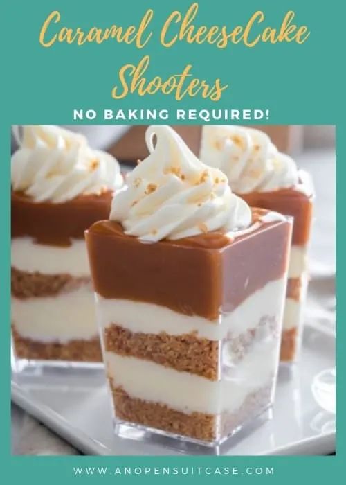 two pieces of cake sitting on top of a plate with the words caramel cheesecake shooters