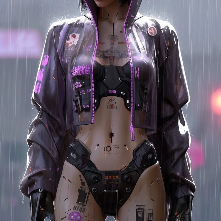 a woman in a futuristic suit standing in the rain with her hands on her hips