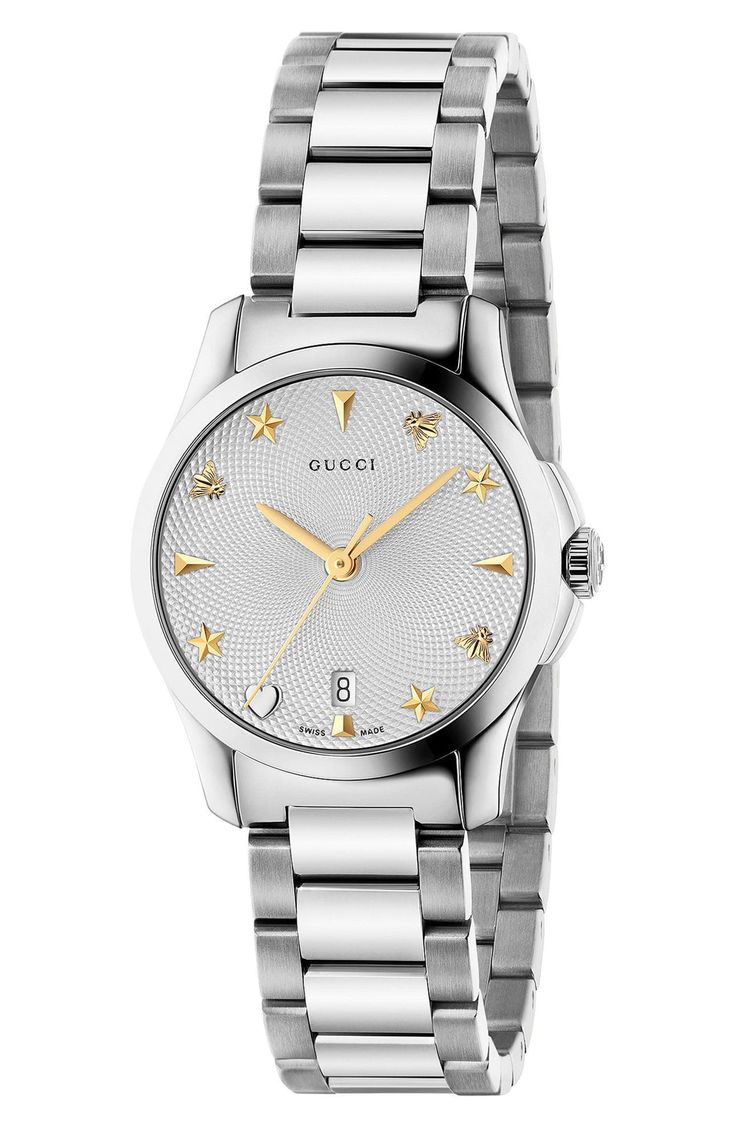 Indexes featuring a mix of house emblems stand out against the striking guilloche dial of this Swiss-made timepiece with a date window and three-link bracelet. Style Name:Gucci G-Timeless Bracelet Watch, 27mm. Style Number: 5457952. Available in stores. Watch Png, Gucci Watch Women, Timeless Bracelet, Silver Pocket Watch, Swiss Army Watches, Small Watch, Swiss Made Watches, 16 Birthday, Gucci Watch