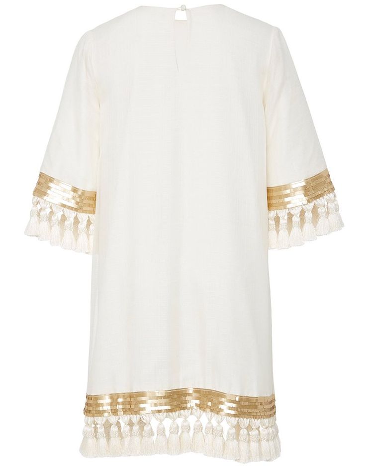 Mestiza NY Elbow Sleeve, Keyhole Back Closure, Sequin/Tassel Ivory Chiffon Tassel Dress, XS - XL, Back View Luxury Tassel Kaftan Tunic, Beach Season Kaftan With Tassels For Cover-up, Summer Kaftan With Tassels For Beach Cover-up, White Dress With Tassels For Beach Cover-up, Luxury Embellished Semi-stitched Kaftan, Ivory Cocktail Dress, Love Couture, Tassel Dress, White Tassel