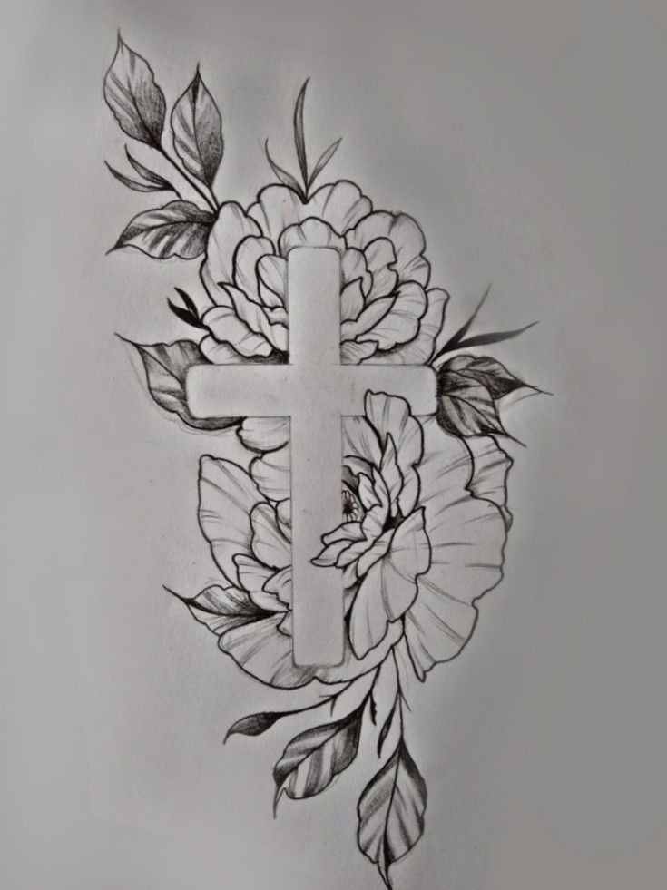 a cross with flowers on it and leaves around the cross is drawn in black ink