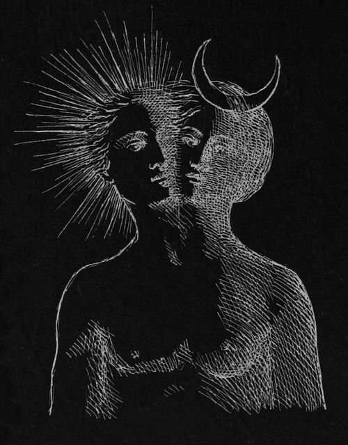 a black and white drawing of a woman with a sun on her head, in front of a dark background