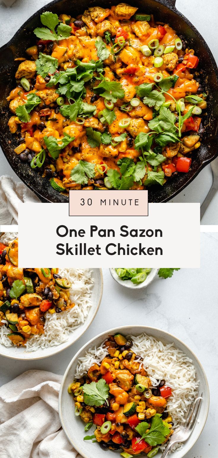 one pan saoon skillet chicken with white rice and spinach on the side