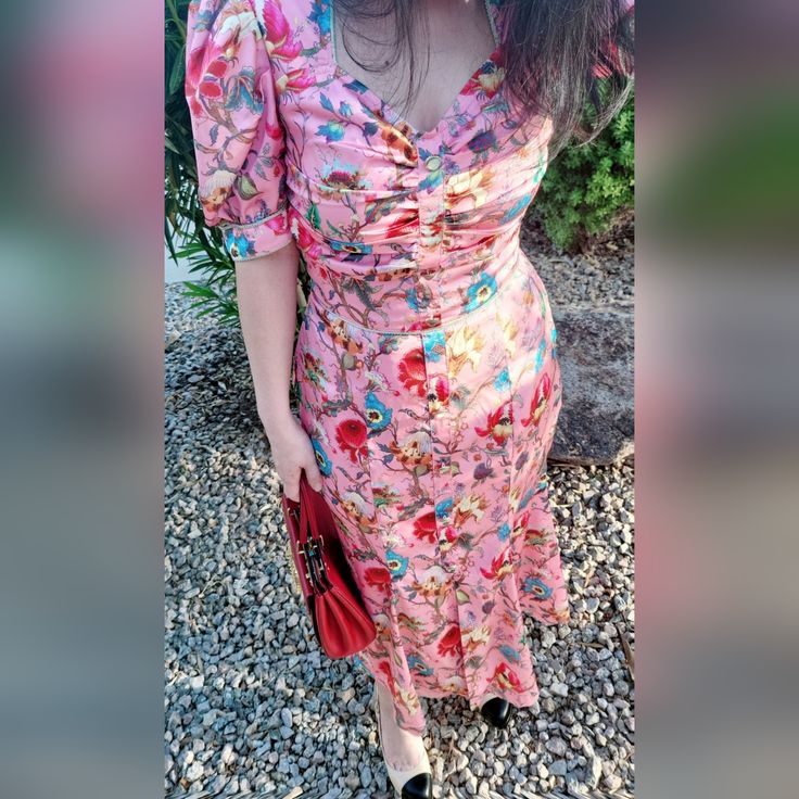 Summer Floral Midi Dress: Bright Floral Pattern Buff Sleeves Chest Gatherings Buttons On Front Trumpet Bottom Side Zip Font Spit Side Pockets Lined Https://Amaridela.Company.Site/Lady-Elegant-Floral-Dress-P587731927 Fitted Pink Midi Dress For Festive Occasions, Festive Fitted Pink Midi Dress, Fitted Multicolor Midi Dress For Festive Occasions, Fitted V-neck Midi Dress For Festive Occasions, Festive Fitted Floral Print Midi Dress, Summer Floral Print V-neck Dress With Surplice Neckline, Daytime Floral Print Midi Dress With V-neck, Buff Sleeves, Multicolor Floral Print V-neck Summer Dress