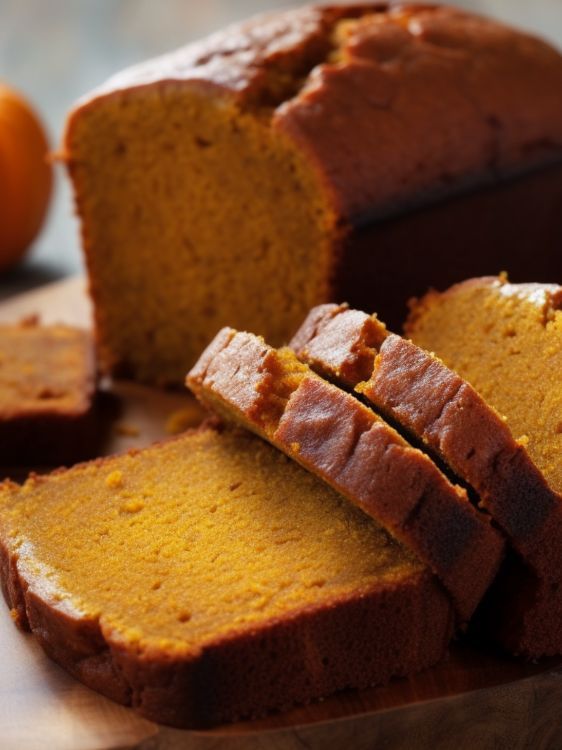 sliced loaf of pumpkin bread sitting on top of a cutting board next to an orange