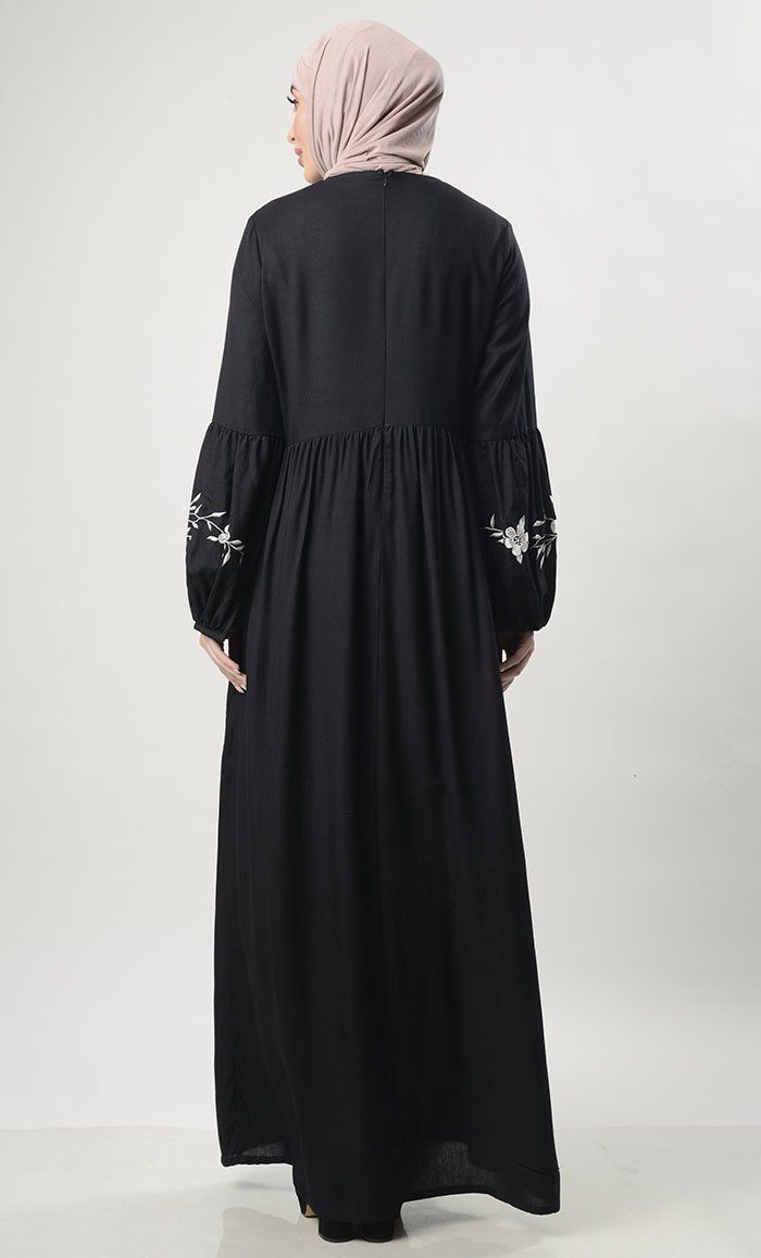 A perfect wardrobe piece for everyday Round neck Gathered Wasit Bottom panel with embroidery Both side pockets Full Sleeves FABRIC:Rayon CARE: Very Light Machine wash cold Black Abaya With Floral Embroidery, Black Long Sleeve Abaya With Floral Embroidery, Modest Long Sleeve Embroidered Abaya, Embroidered Long Sleeve Modest Abaya, Mens Items, Kids Items, Thread Embroidery, Perfect Wardrobe, Full Sleeves