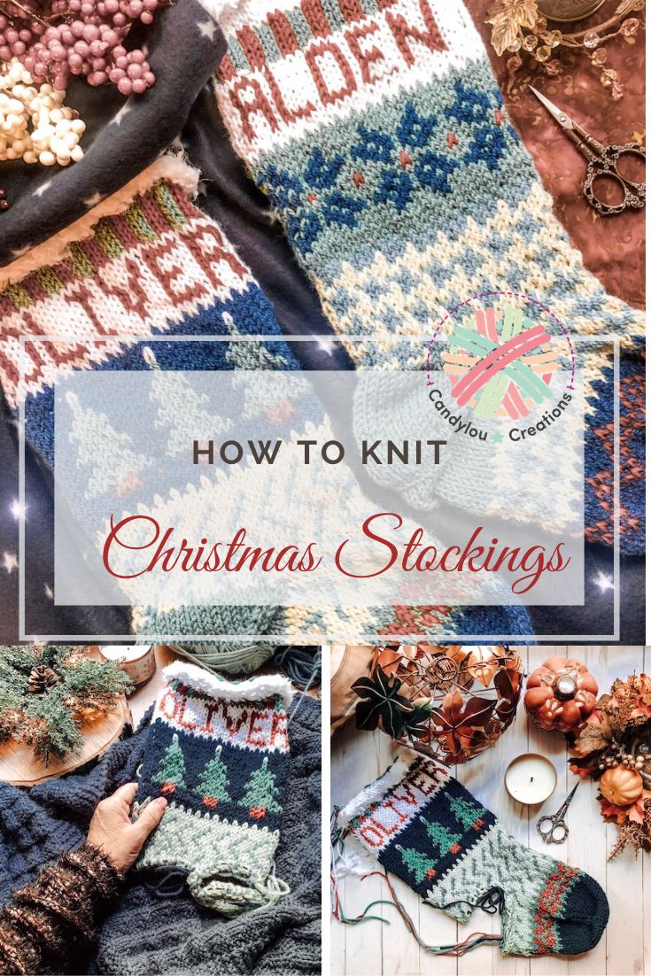 knitted christmas stockings with text overlaying how to knit christmas stockings and mittens