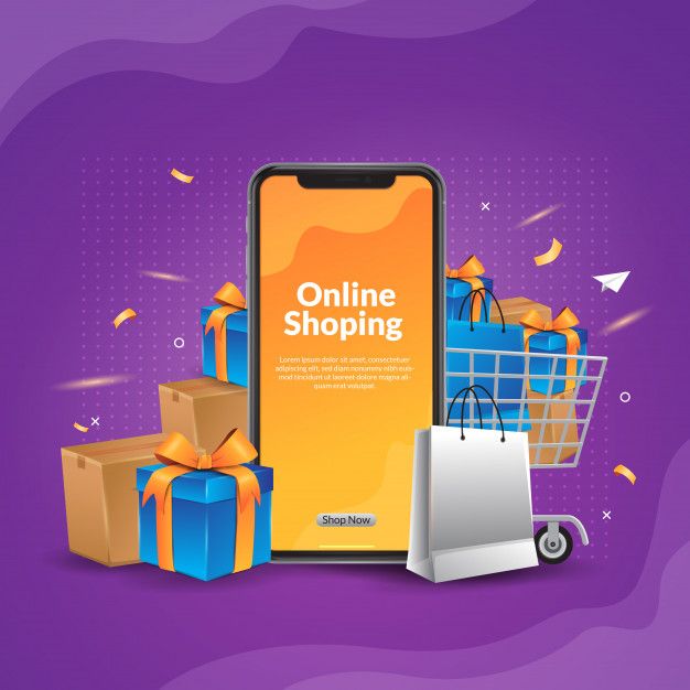 an image of a cell phone with gifts in front of it and the text online shopping