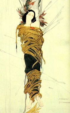 an artistic drawing of a woman with feathers on her head and arms wrapped in string