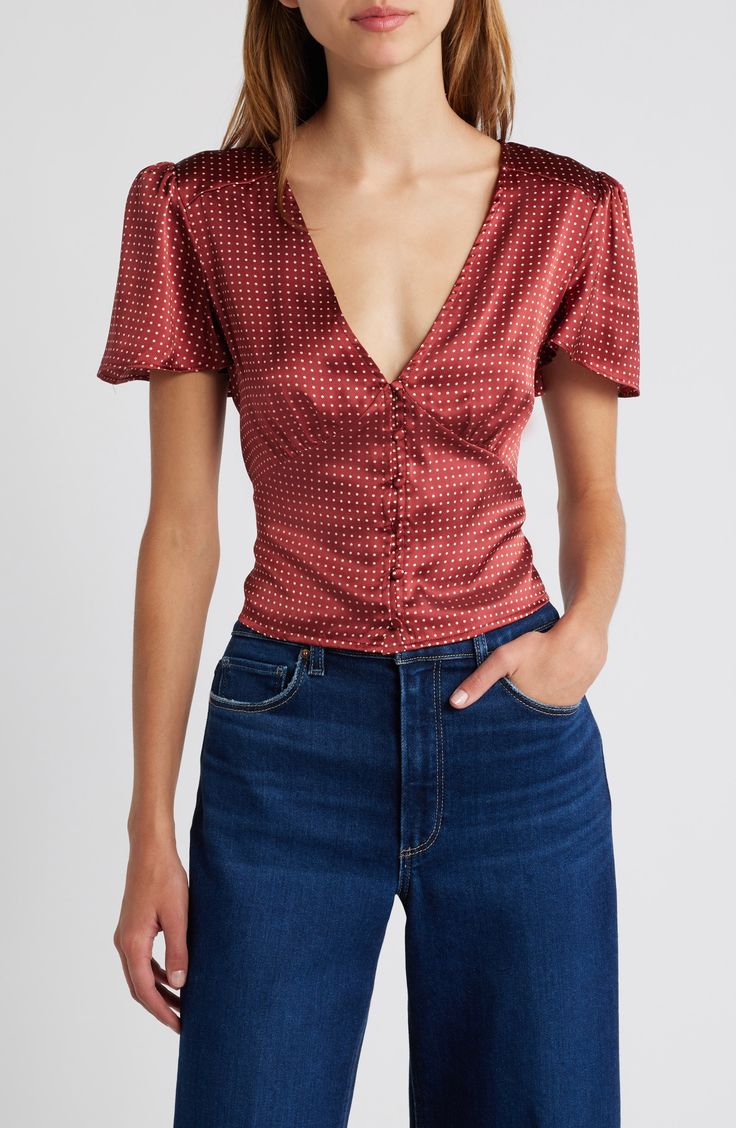 PAIGE Miso Polka Dot Crop Button Front Silk Top | Nordstrom Empire Waist Top, V Neck Crop Top, Empire Waist Tops, V Neck Shirts, Summer Blouse, Red Blouse, Bright Patterns, Silk Shorts, Summer Blouses