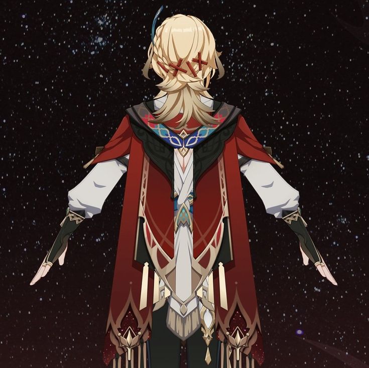 an anime character with blonde hair and red cape standing in front of the night sky