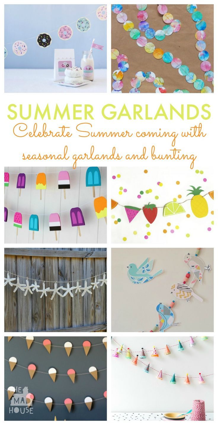 summer garlands and decorations are featured in this collage with the words celebrate summer coming with seasonal garlands and bunting