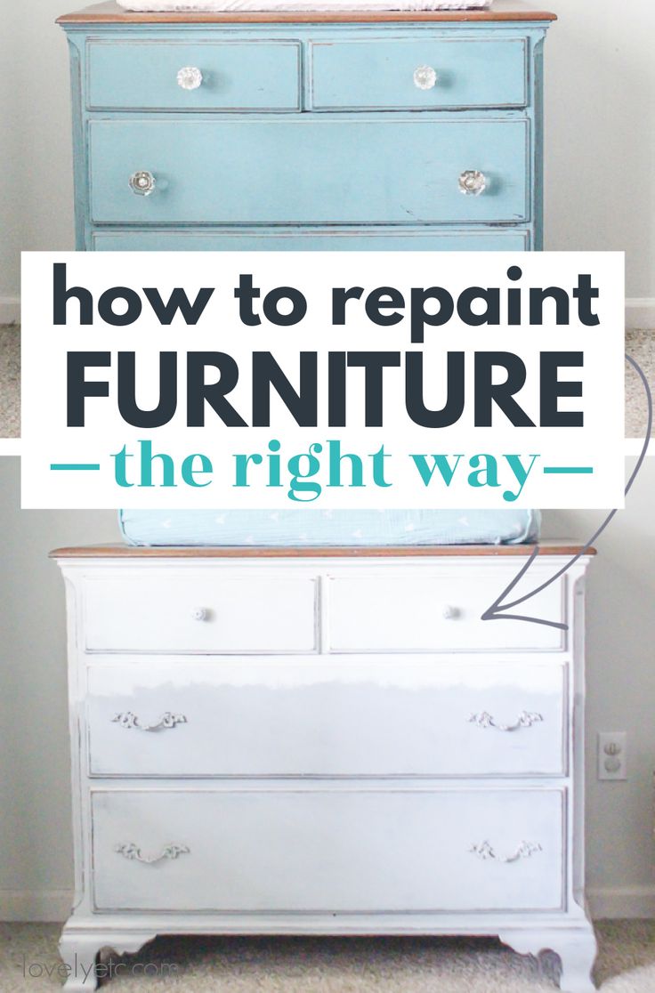 a blue dresser with the words how to repair furniture the right way on top of it