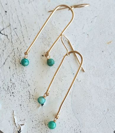 Swingy modern green amazonite gemstone gold arc earrings Elegant Amazonite Dangle Jewelry, Amazonite Drop Earrings As Gift, Elegant Amazonite Earrings As A Gift, Elegant Amazonite Earrings For Gift, Green Onyx Drop Earrings, Elegant Aventurine Dangle Earrings, Elegant Nickel-free Chrysoprase Jewelry, Dangle Earrings With Amazonite And Natural Stones, Turquoise Amazonite Dangle Jewelry