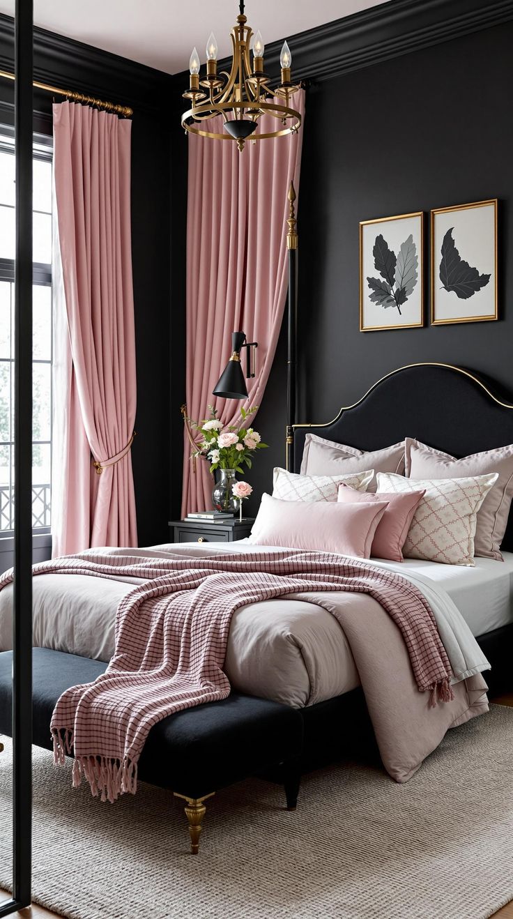 Pink and Black Bedrooms Pink Teal And Black Bedroom, Black White Brown Pink Bedroom, Black Bedroom Pink Accents, Co Ed Bedroom Ideas, Chic Modern Home Decor Master Bedrooms, Pink Accents In Bedroom, Pink Black And White Room Aesthetic, Girly Moody Bedroom, Feminine Dark Bedroom