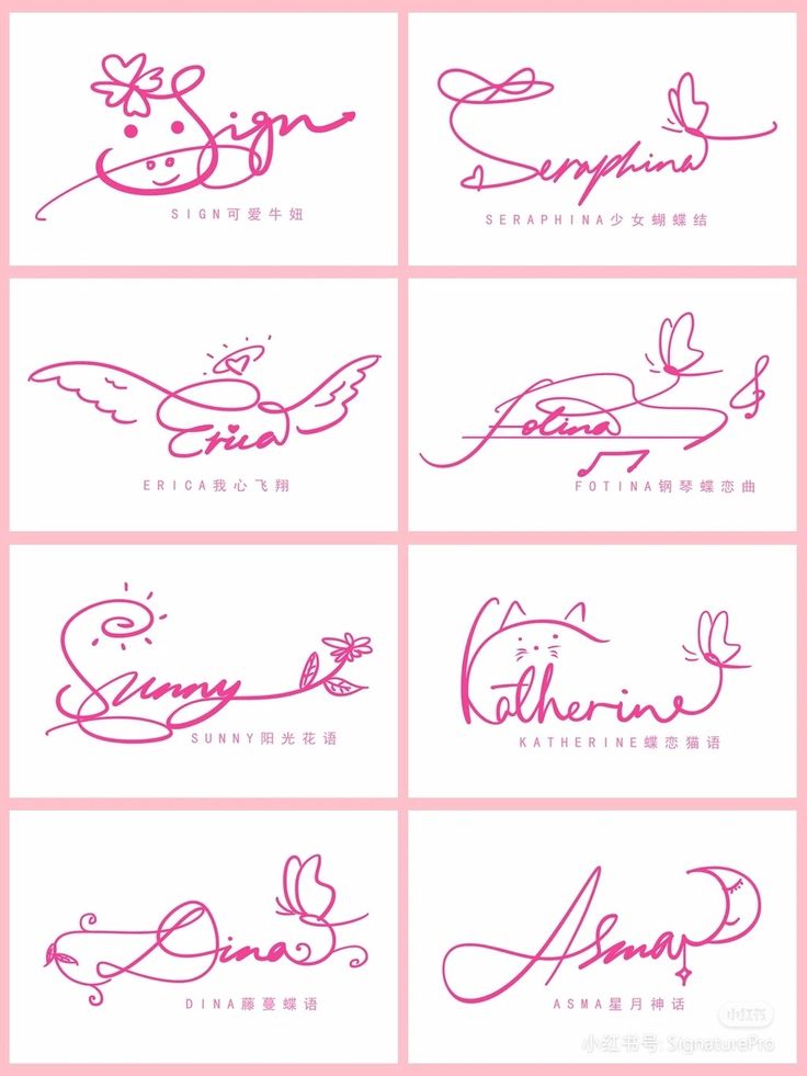 six different types of handwriting written in various styles and font, each with an individual name