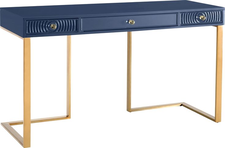 a blue console table with two drawers and gold legs on an isolated white background,