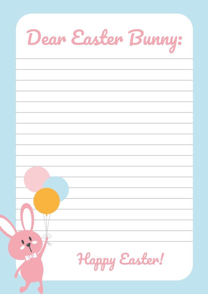 an easter bunny with balloons is on the lined notepad, which says dear easter bunny