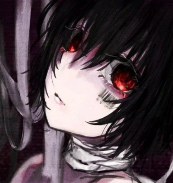 an anime character with red eyes and black hair