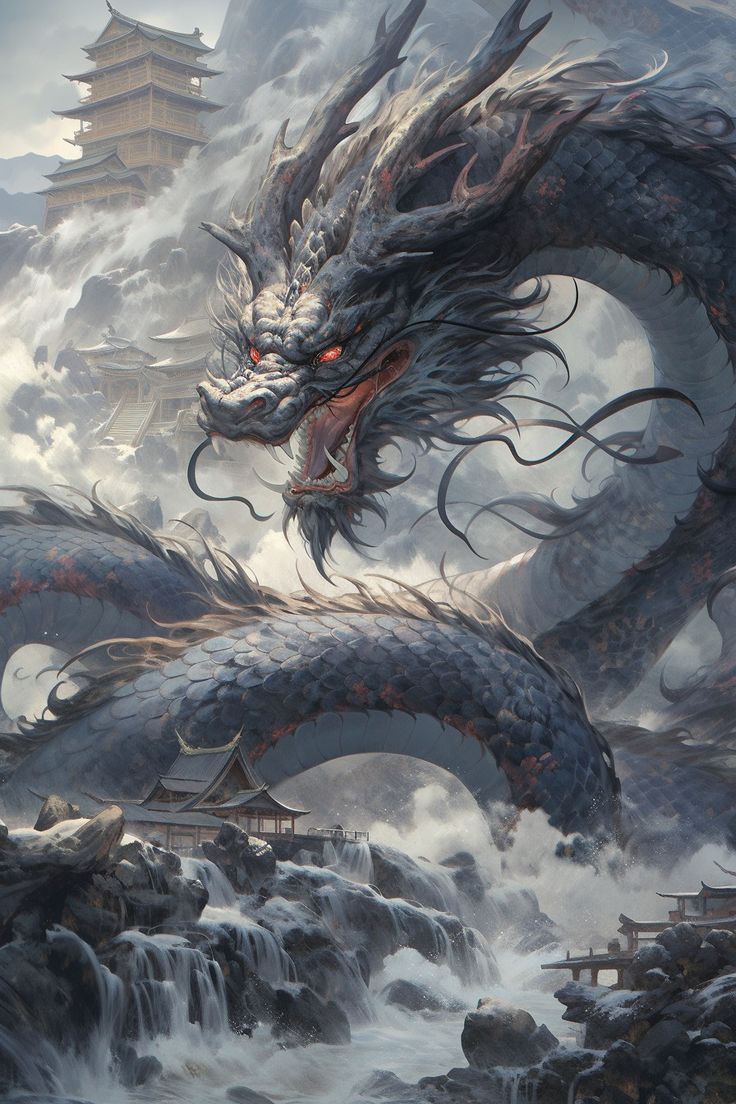 a dragon with red eyes is in the air above water and rocks, while another dragon has its mouth open