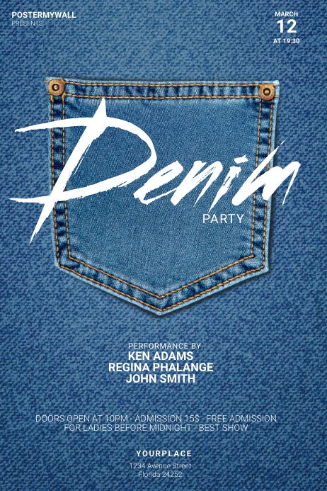 the poster for pepith party featuring jeans with white lettering on it and an image of a