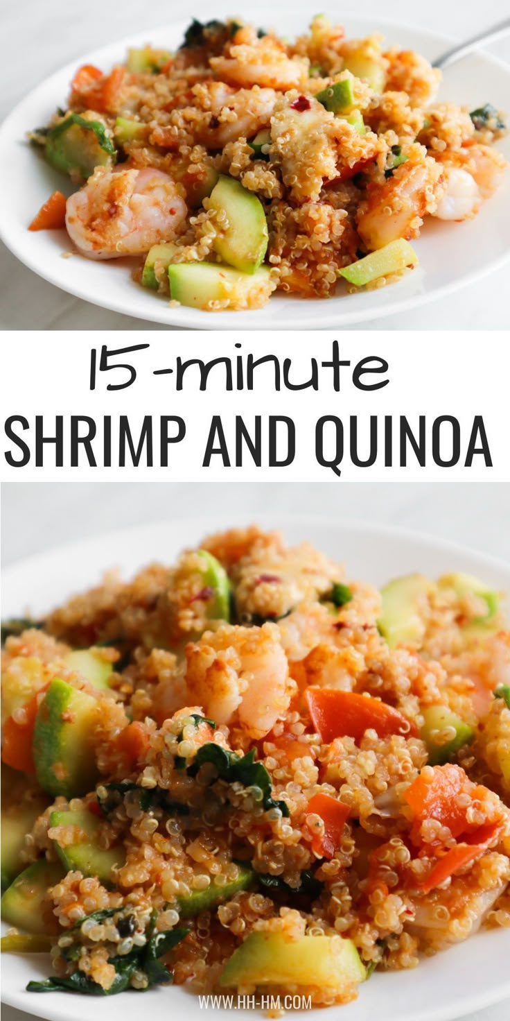 shrimp and quinoa salad on a white plate with the words 15 - minute shrimp and quinoa