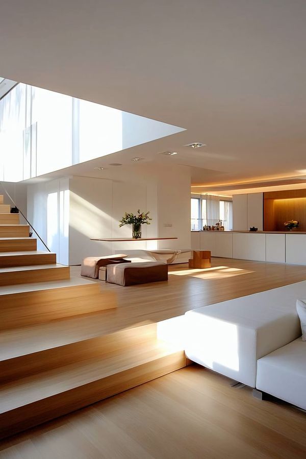 a living room filled with white furniture next to a wooden floor covered in windows and stairs