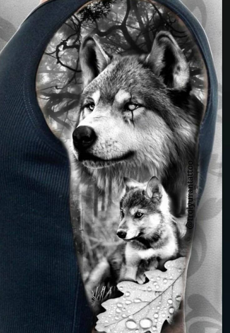 an image of two wolfs with leaves on their leg and behind them is a man's head