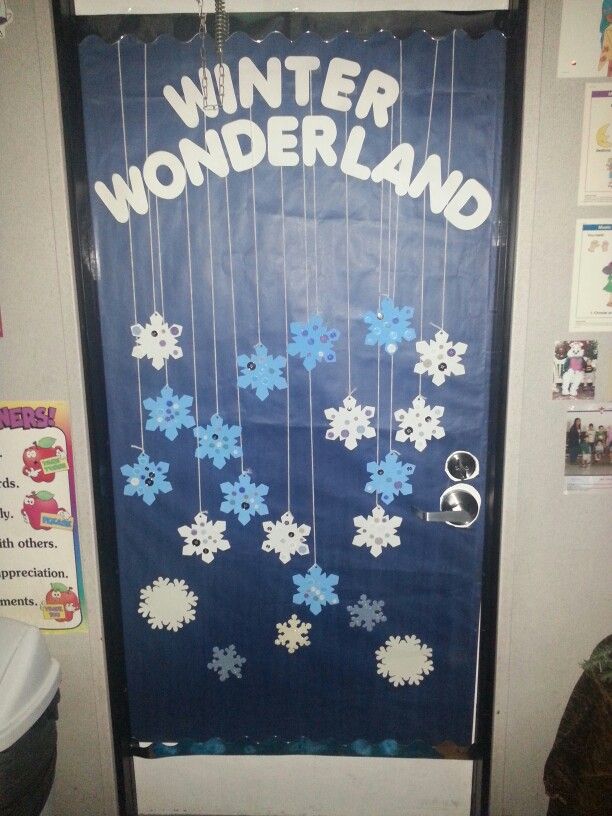 a door decorated with snowflakes and the words winter wonderland hanging from it's side