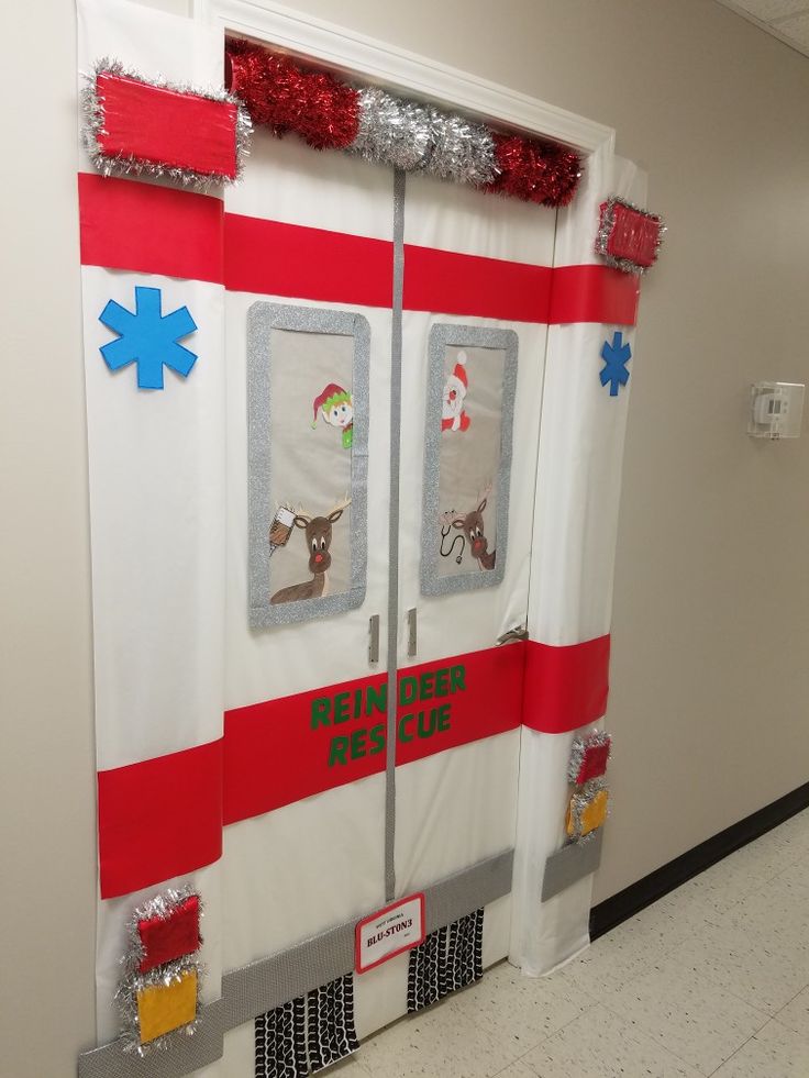 an emergency door decorated with christmas decorations