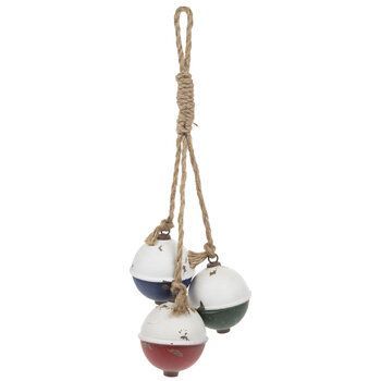 three ornaments hanging from a rope on a white background