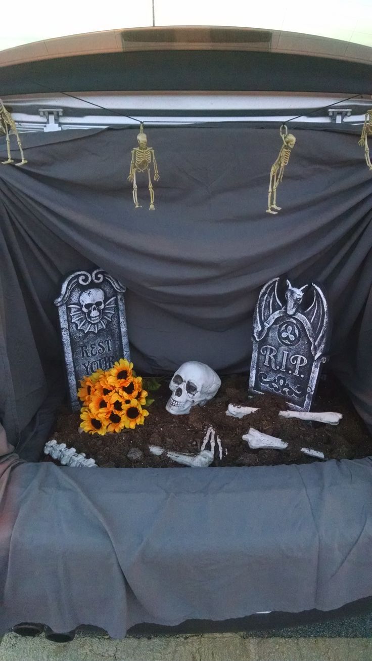 an outdoor display with skeletons and sunflowers in the back ground, on top of a car