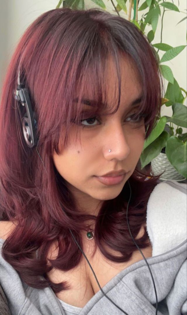 Plum Red Hair, Hair Color Cherry Coke, Black Cherry Hair Color, Red Hair With Bangs, Cherry Cola Hair, Black Cherry Hair, Deep Red Hair, Cherry Hair Colors, Maroon Hair