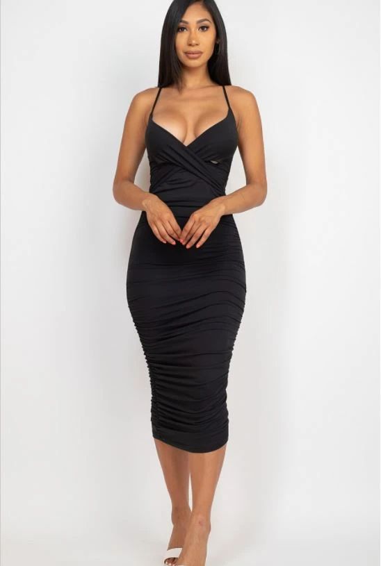 Ribbed Front Crossed Capella Dress 3222 - Craze Fashion Fitted V-neck Midi Dress With Ruched Sides, Bodycon Ruched Midi Dress For Night Out, Ruched Bodycon Midi Dress For Night Out, Bodycon V-neck Dress With Ruched Sides, Bodycon Midi-length Dresses With Ruched Back, Bodycon Midi Length Dresses With Ruched Back, Chic Midi-length Bodycon Dress With Ruched Sides, Chic Midi Bodycon Dress With Ruched Sides, Chic Midi Length Bodycon Dress With Ruched Sides