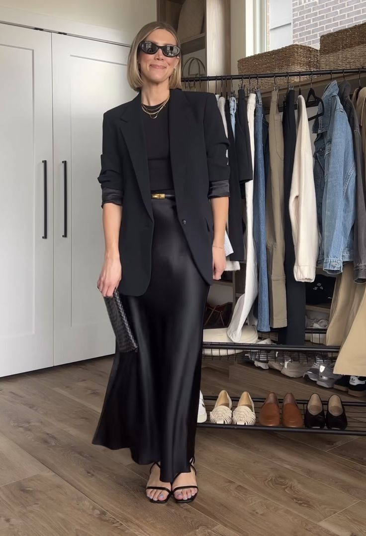 Fall Black Satin Skirt Outfit, Clean Classy Outfits, Black Satin Skirt And Blazer Outfit, Black Silk Skirt Fall Outfit, Dressy Dinner Outfit Winter, Satin Skirt Blazer Outfit, Trench Coat And Long Skirt Outfit, Black Silk Skirt Outfit Aesthetic, Satin Skirt And Blazer Outfit