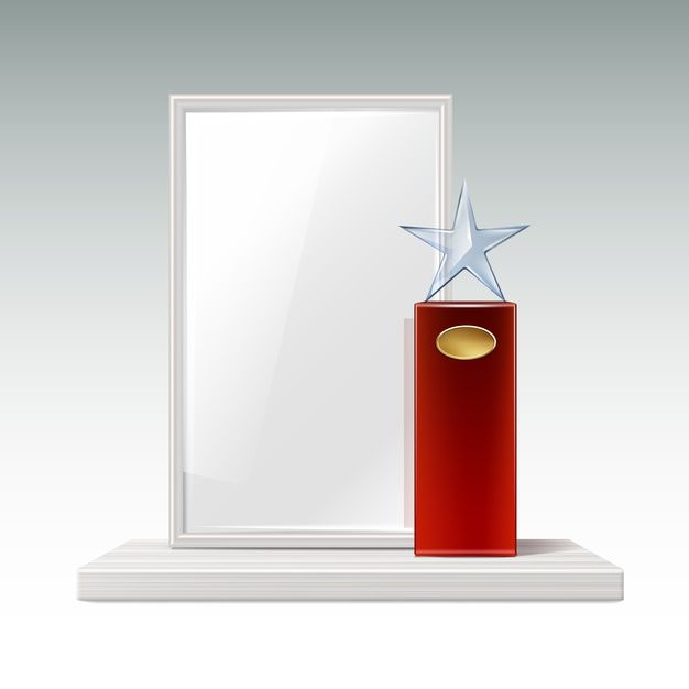 a red podium with a star on top and a mirror in the corner behind it