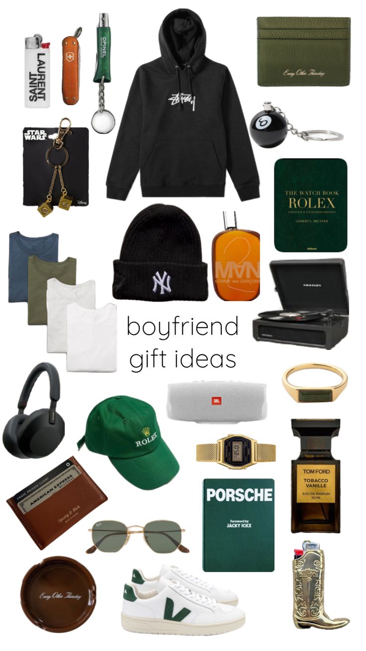 a bunch of items that are on top of a white background with the words boyfriend gift ideas