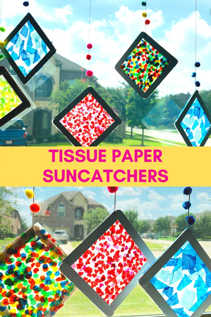 tissue paper sun catchers hanging from a window with the words tissue paper sun catchers