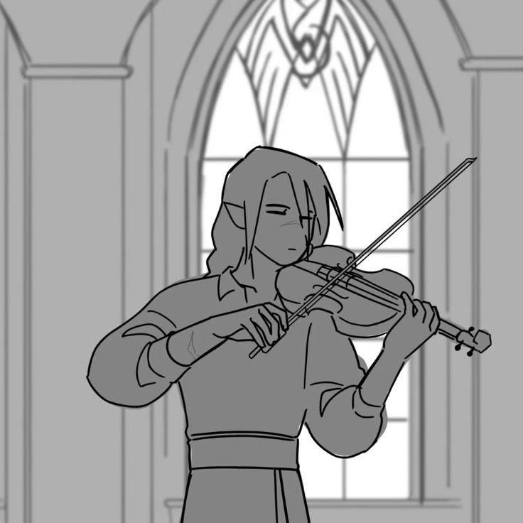 an animated woman playing the violin in front of a stained glass window with arched doorways