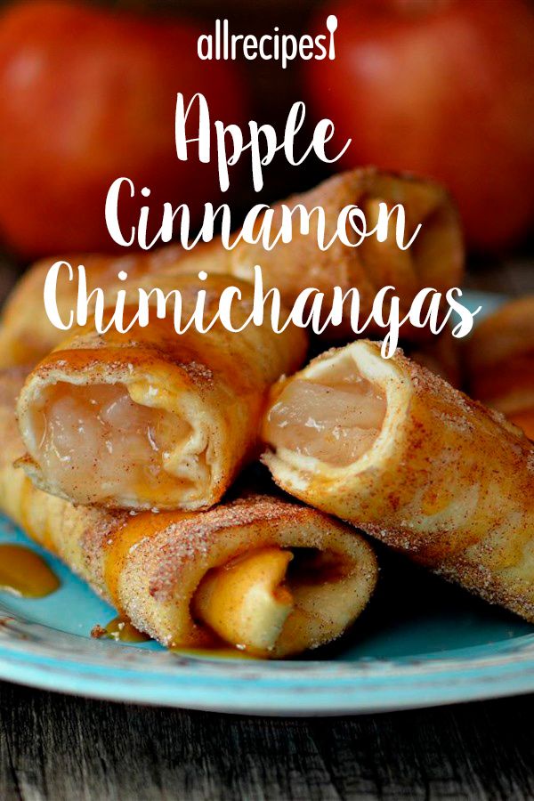 some food is sitting on a plate with apples in the background and text overlay that reads, apple cinnamon chimichangas