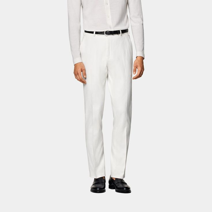 Tailored to a regular fit with a straight leg for a more relaxed appeal, these off-white Milano pants are the perfect balance of style, refinement, and comfort Cream Fitted Pants With Straight Hem, Fitted Cream Pants With Straight Hem, Elegant White Straight Dress Pants, White Slim Fit Bottoms For Business Casual, Tailored Elegant White Bottoms, White Tailored Elegant Bottoms, White Tailored Pants For Semi-formal Occasions, White Semi-formal Bottoms With Welt Pockets, White Slim Fit Straight Leg Dress Pants